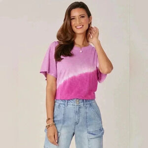 Short Bell Sleeve Scoop Neck Placement Tie Dye Knit Tee